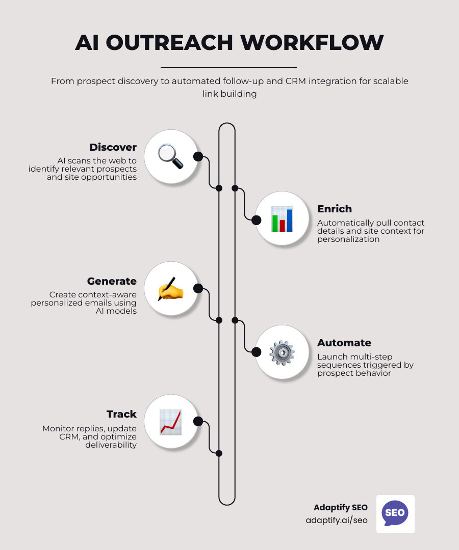 AI outreach workflow infographic: prospect discovery, enrichment, personalized email generation, sequence automation, reply