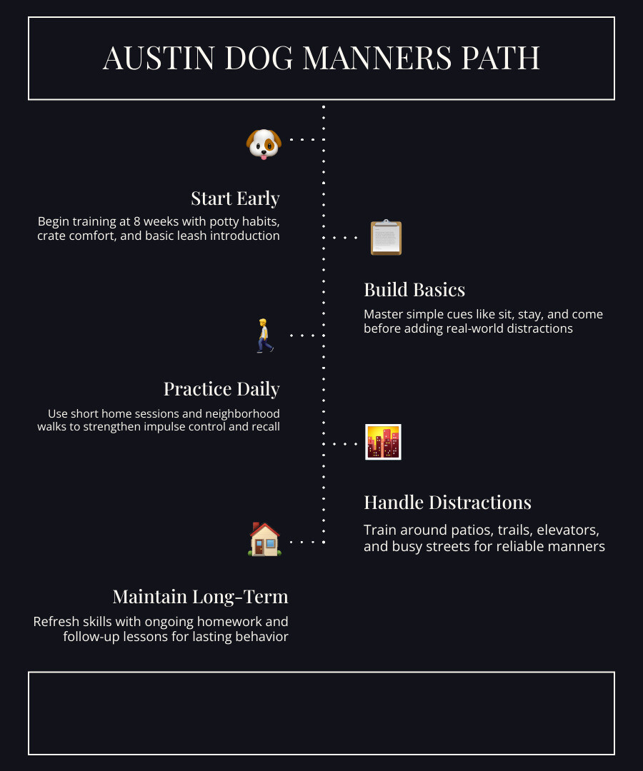 Infographic showing the path from puppy basics to reliable dog manners in Austin infographic Infographic showing the path from puppy basics to reliable dog manners in Austin infographic