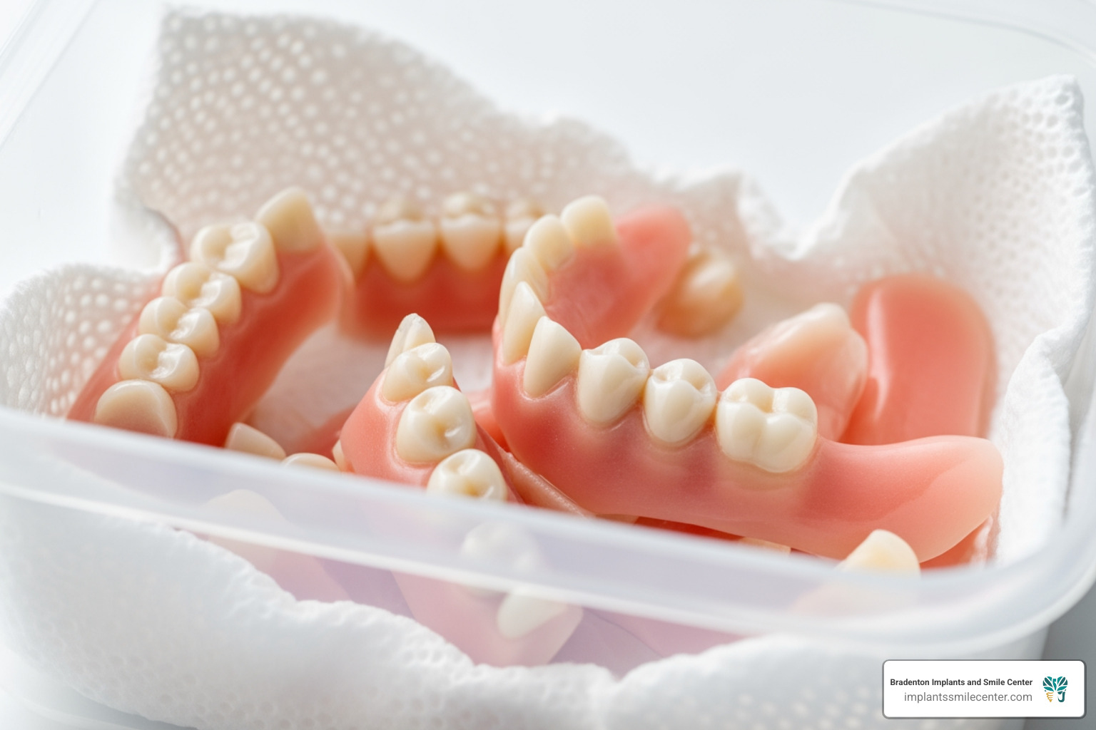 Image of denture pieces safely stored in a clean, labeled container with a damp cloth