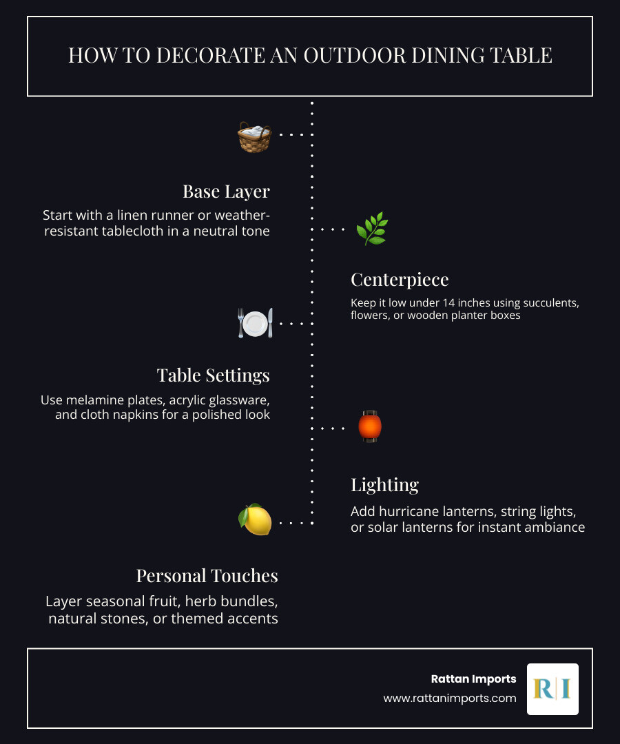 Infographic showing 7 key steps to decorate an outdoor dining table with stats on usage increase infographic