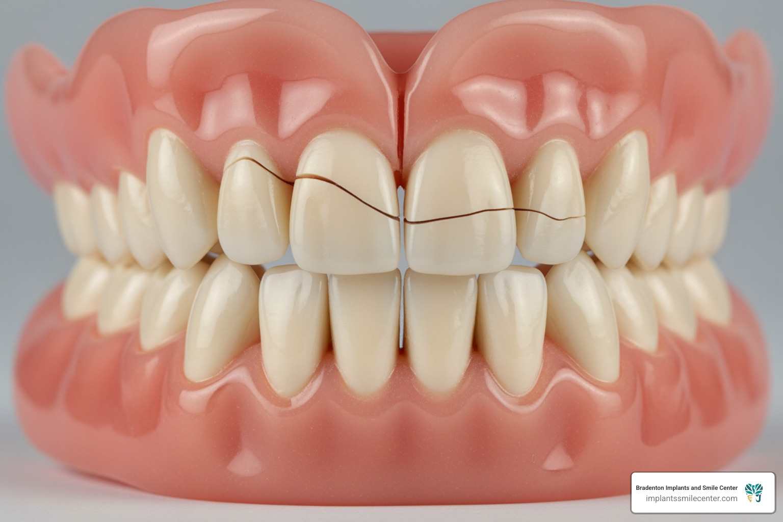 Image of a cracked full denture showing a clean break down the midline
