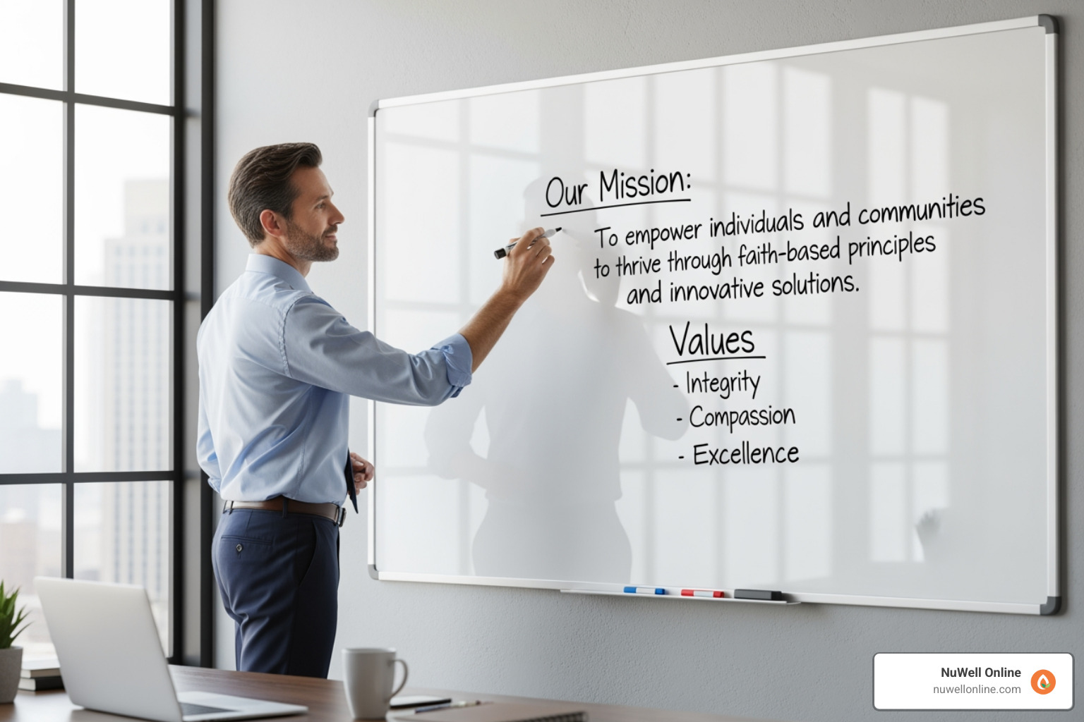 Christian founder writing mission and values on a whiteboard