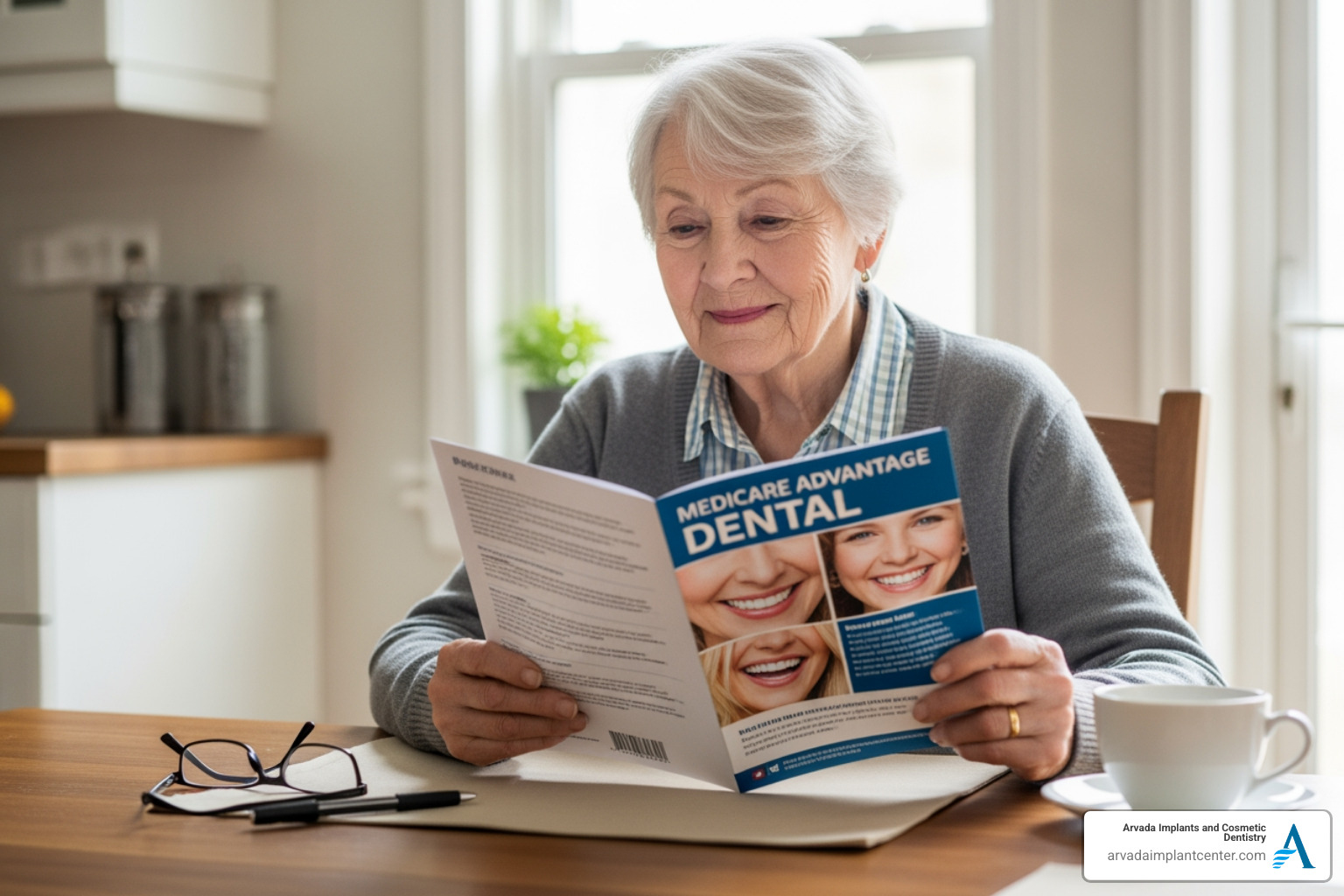 Senior reviewing private Medicare Advantage dental brochure Senior reviewing private Medicare Advantage dental brochure