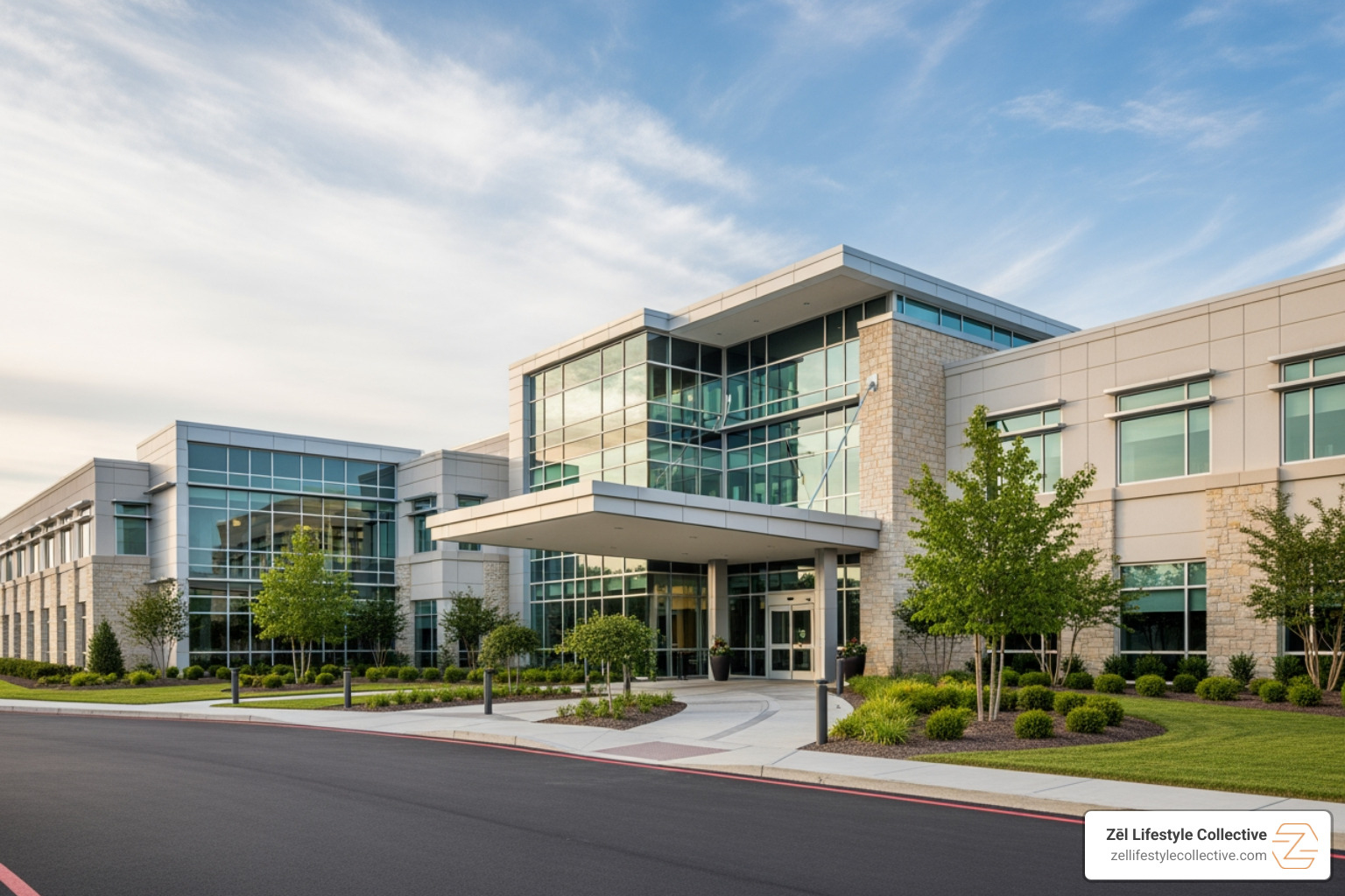 Exterior of a modern, high-end medical facility with clean lines and welcoming landscape
