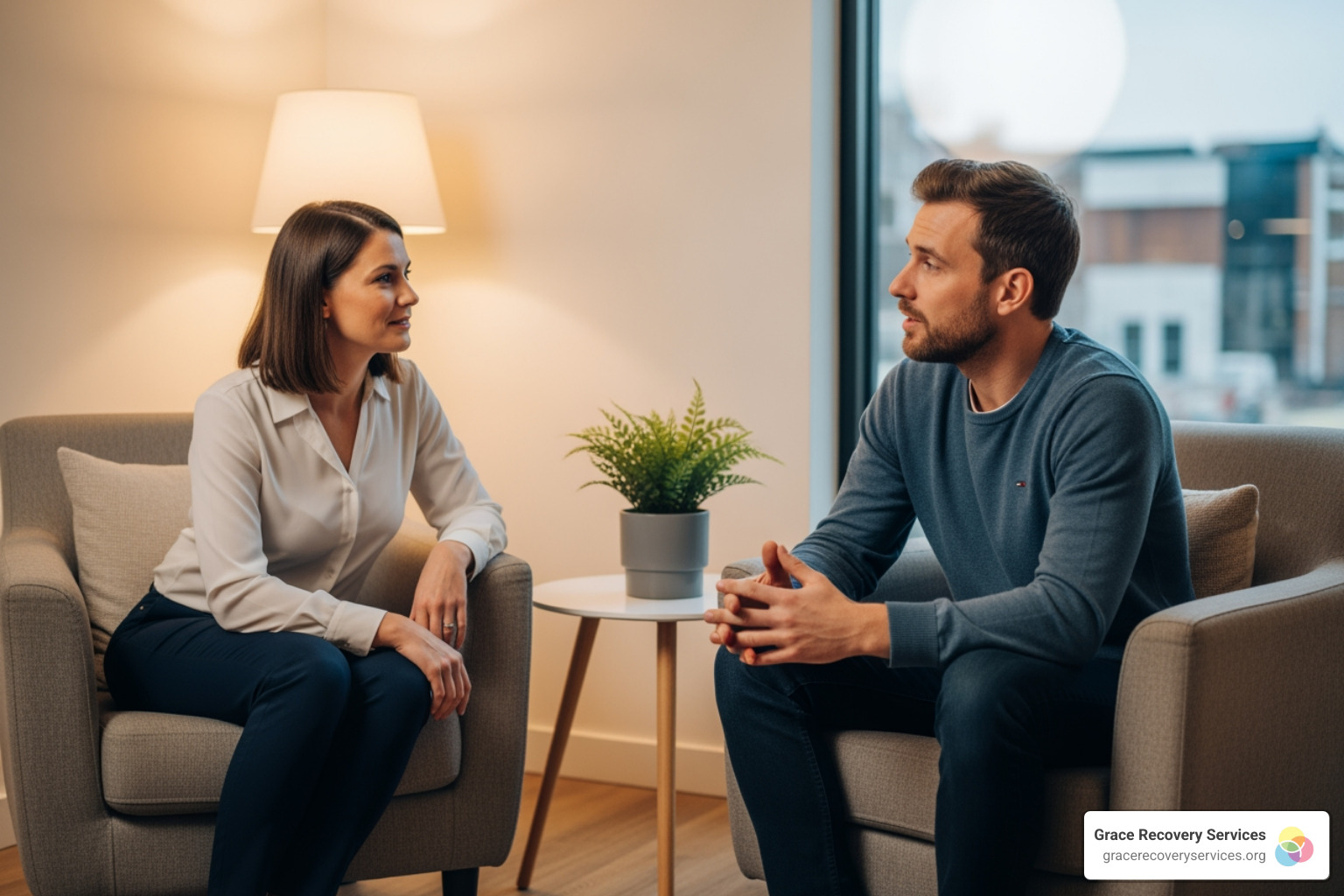 A supportive counseling session at Grace Recovery Services showing a counselor and client in a warm, non-judgmental A supportive counseling session at Grace Recovery Services showing a counselor and client in a warm, non-judgmental