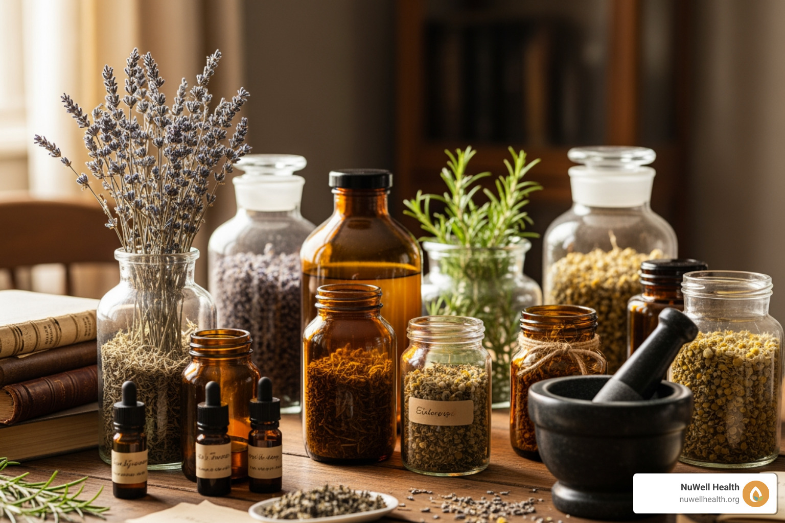 A home apothecary setup with glass jars of tinctures, dried herbs, and a mortar and pestle