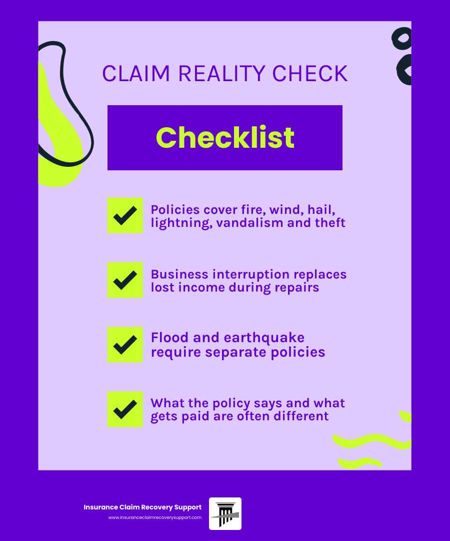Infographic: Business Insurance Property Damage - Coverage types, common myths vs. facts, and claim recovery tips for Infographic: Business Insurance Property Damage - Coverage types, common myths vs. facts, and claim recovery tips for