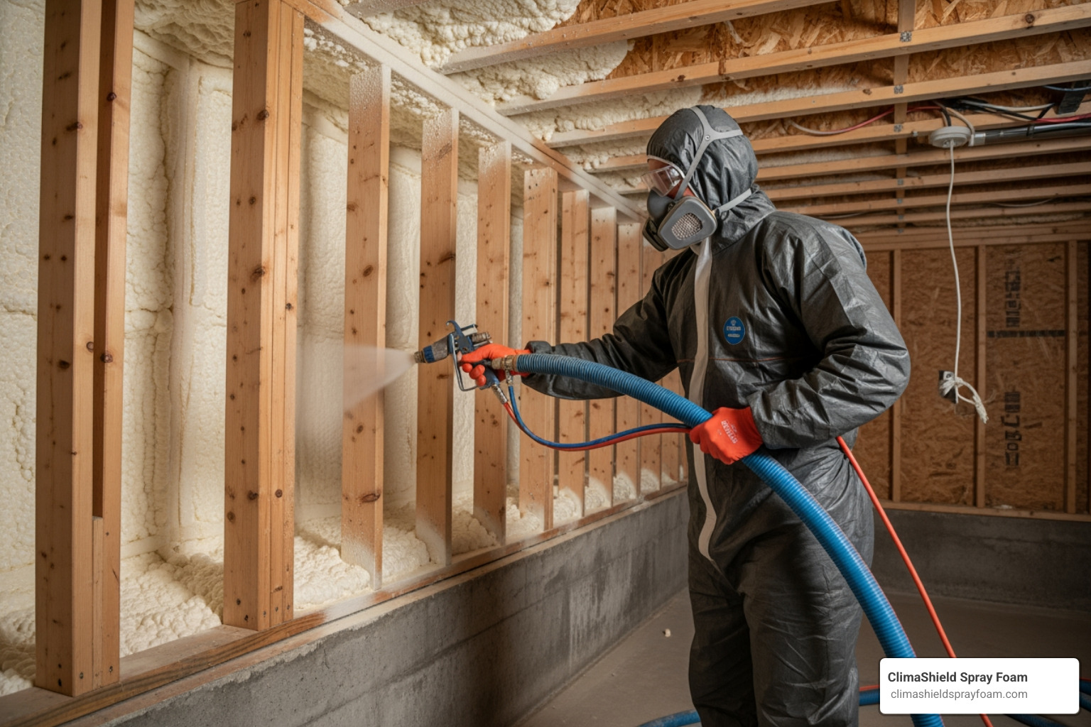 Technician spraying closed-cell foam into a basement rim joist area Technician spraying closed-cell foam into a basement rim joist area