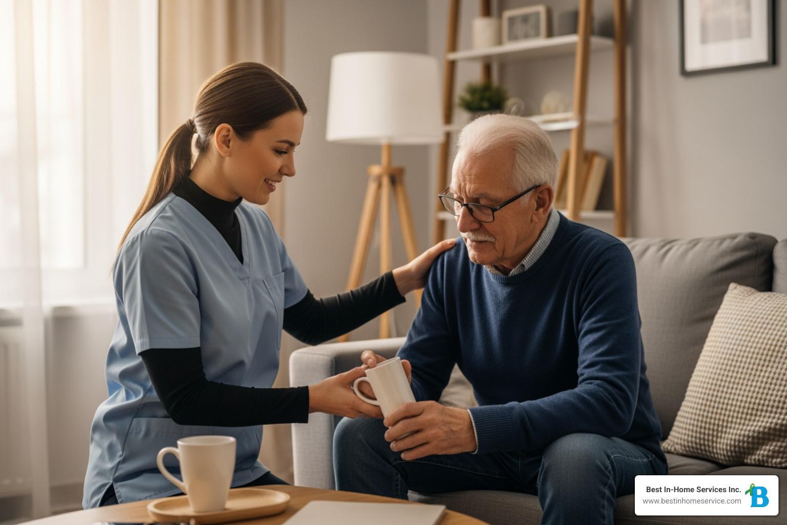 Caregiver helping an elderly man with his daily routine at home Caregiver helping an elderly man with his daily routine at home