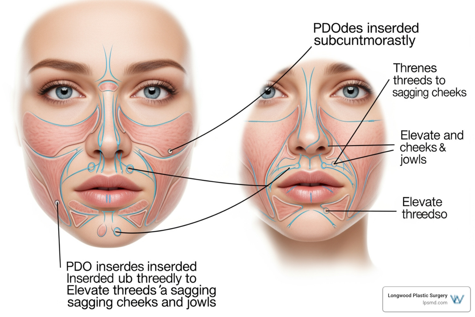 Diagram showing the placement of PDO threads under the skin to lift the cheeks and jowls Diagram showing the placement of PDO threads under the skin to lift the cheeks and jowls