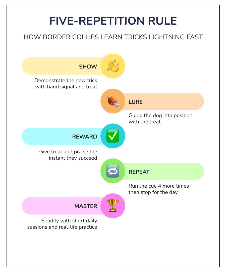Infographic showing Border Collie's five-repetition learning rule and 15 tricks ranked from basic to advanced infographic Infographic showing Border Collie's five-repetition learning rule and 15 tricks ranked from basic to advanced infographic