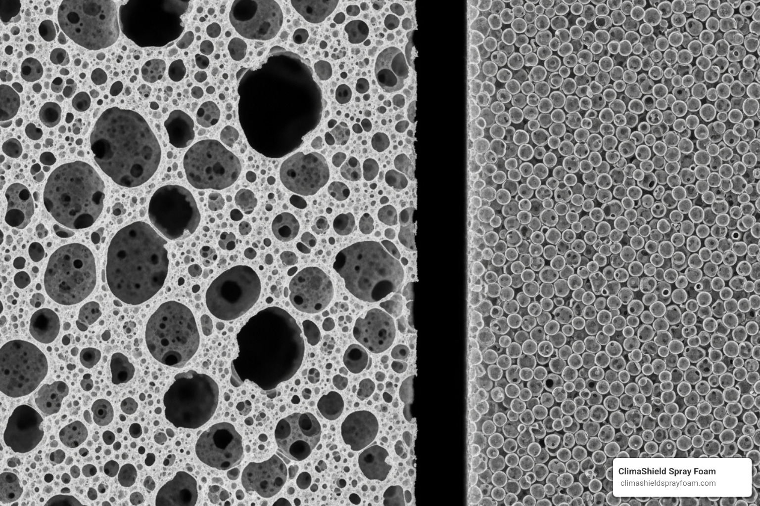 Microscopic view of open-cell low density foam vs compact closed-cell high density foam