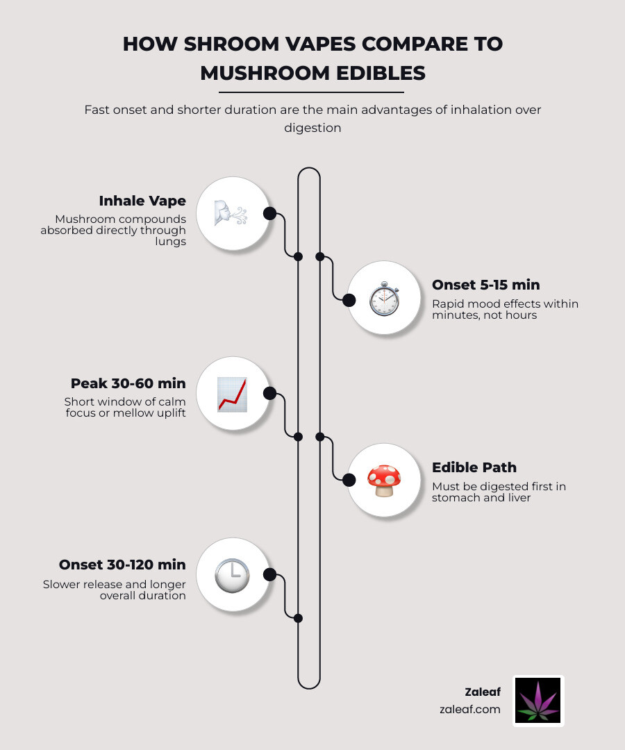 Infographic comparing shroom vape mood enhancer onset and duration vs mushroom edibles by goal infographic