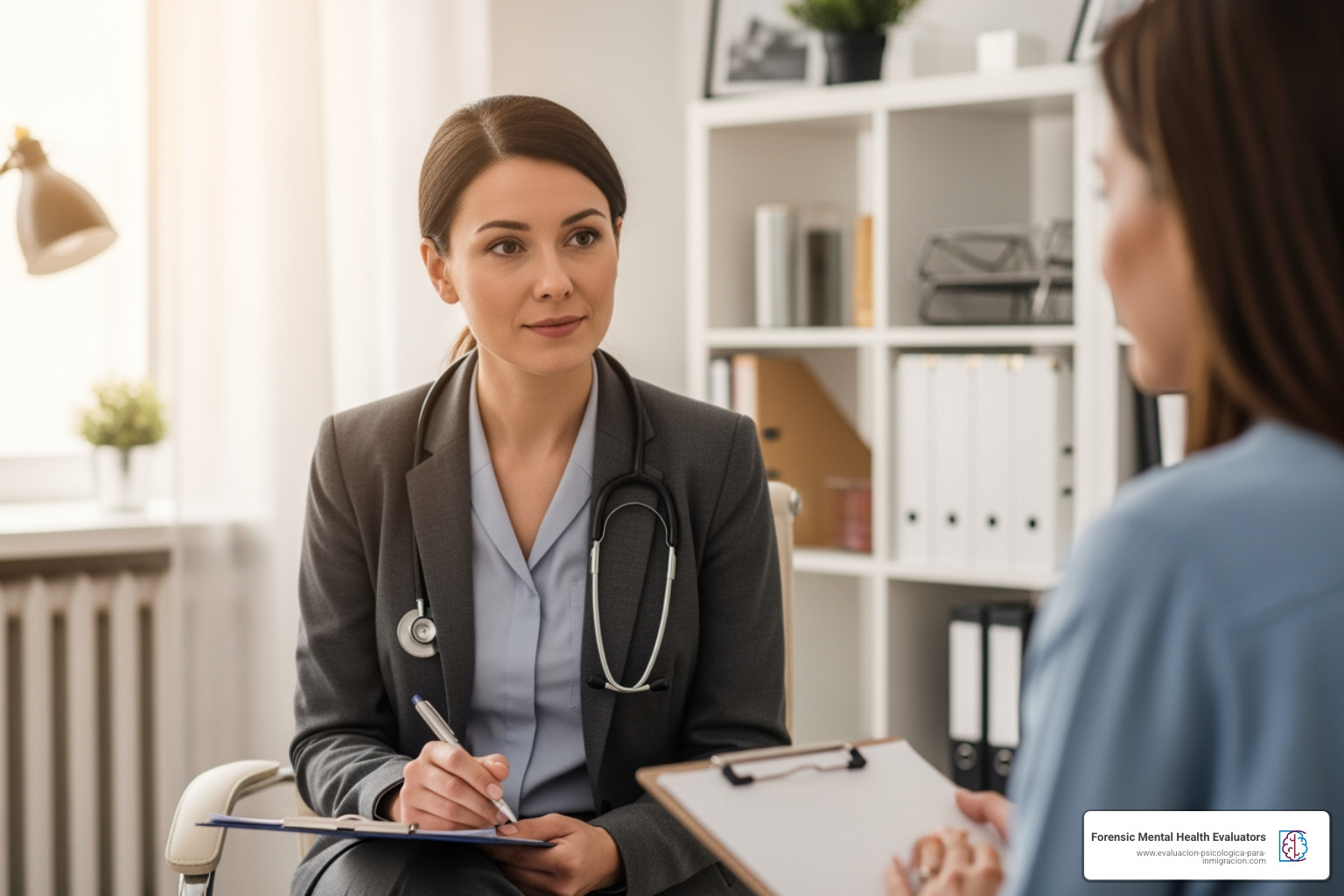 Clinician taking trauma history during immigration evaluation Clinician taking trauma history during immigration evaluation