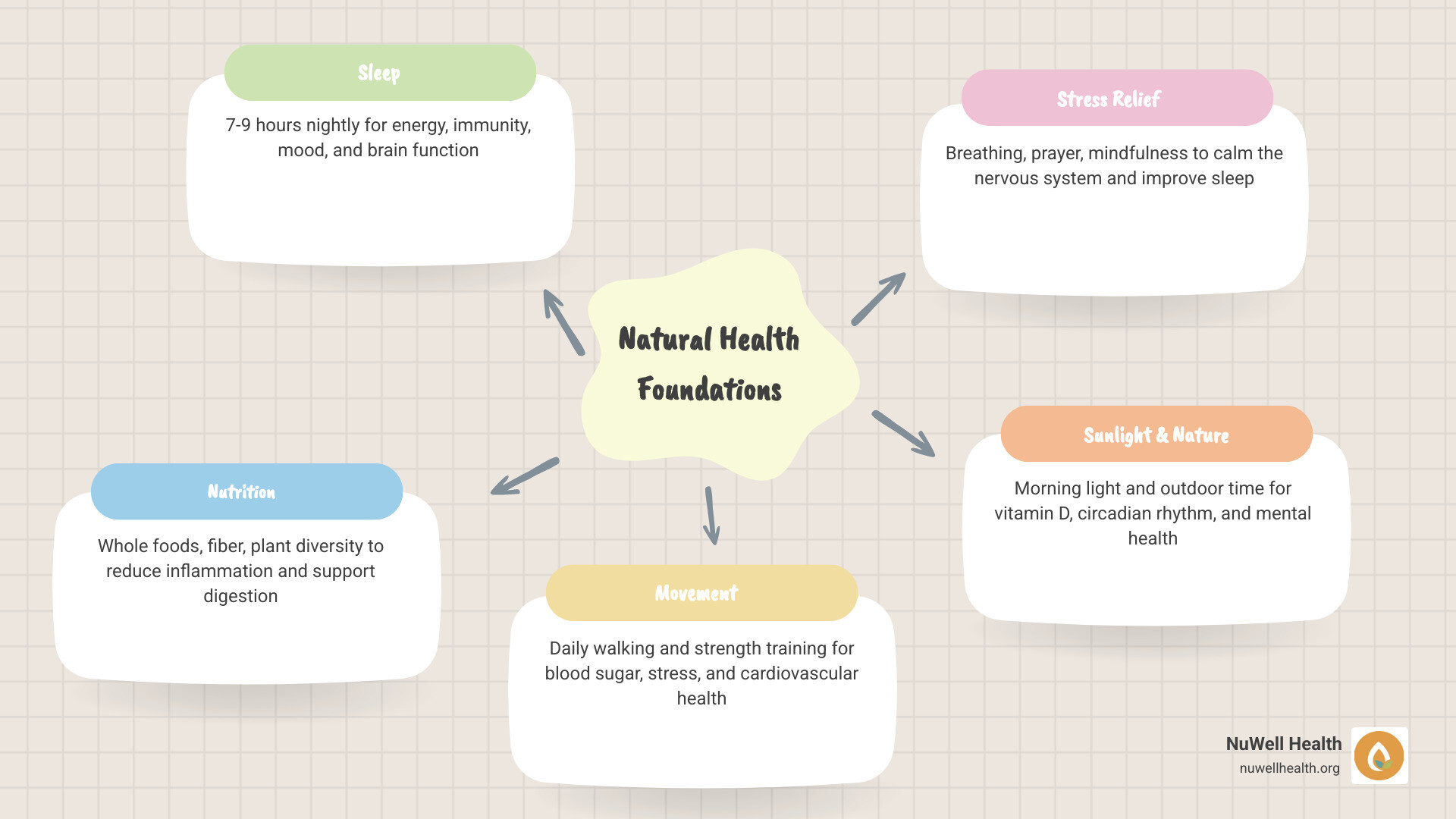 Natural health foundations infographic showing sleep, nutrition, movement, stress, sunlight, hydration infographic