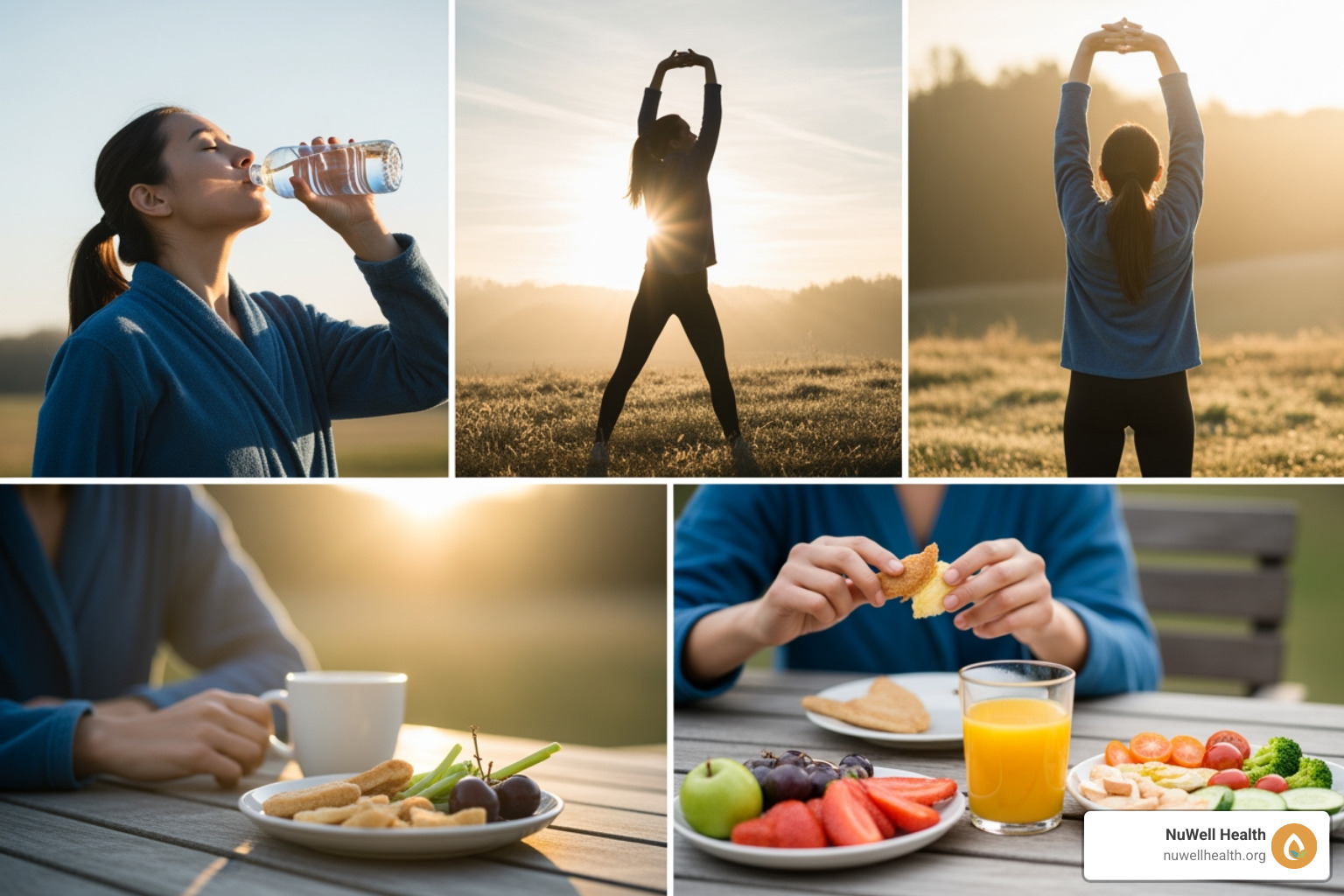 morning wellness routine with water sunlight stretching and breakfast