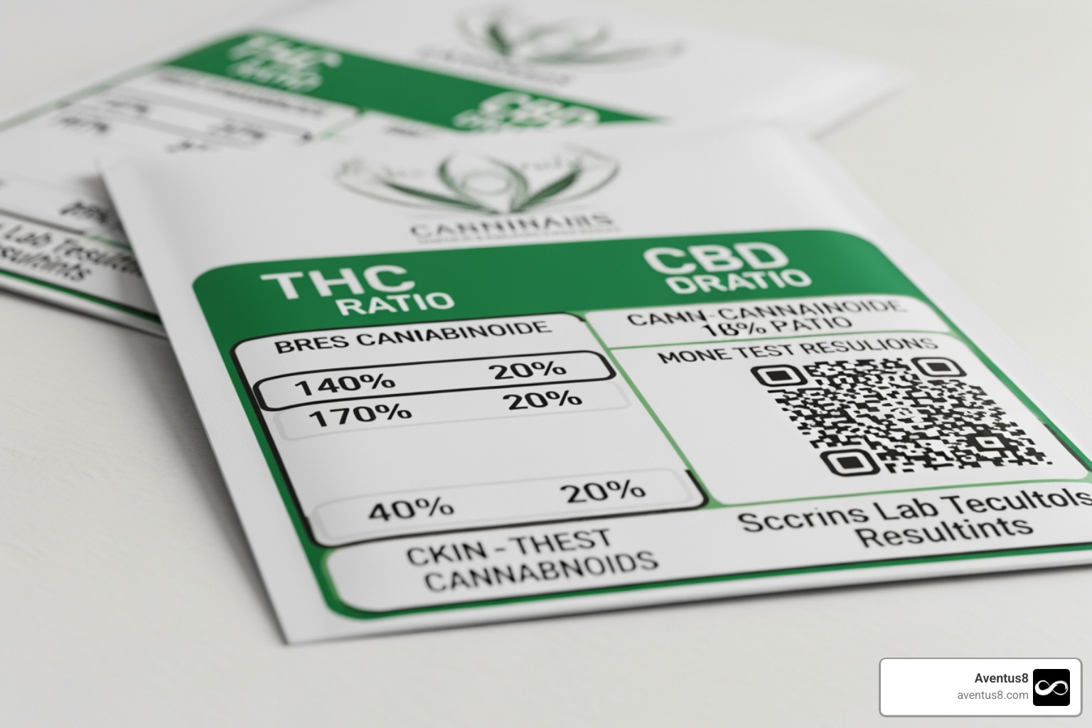 labeled cannabis packaging showing THC/CBD ratios and lab test QR codes