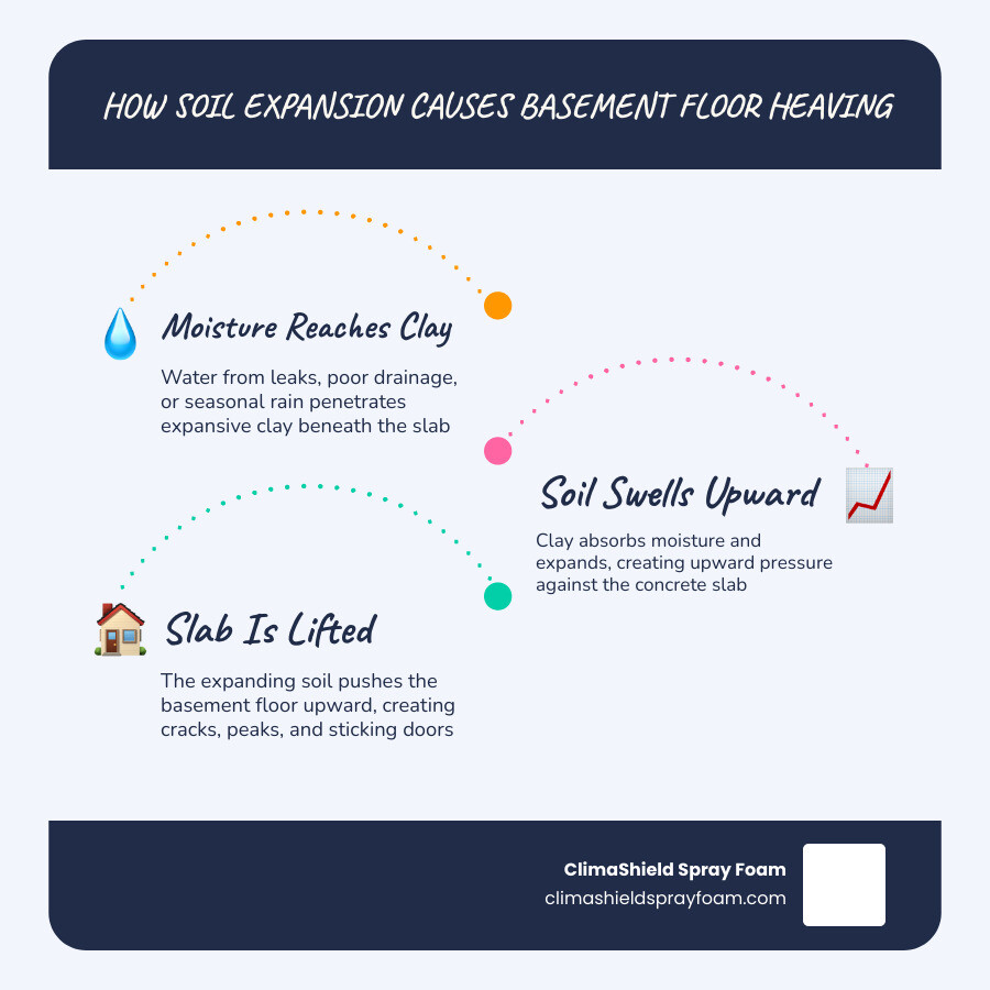 Infographic: how soil expansion causes basement floor heaving — clay absorbs water, expands upward, lifts slab infographic