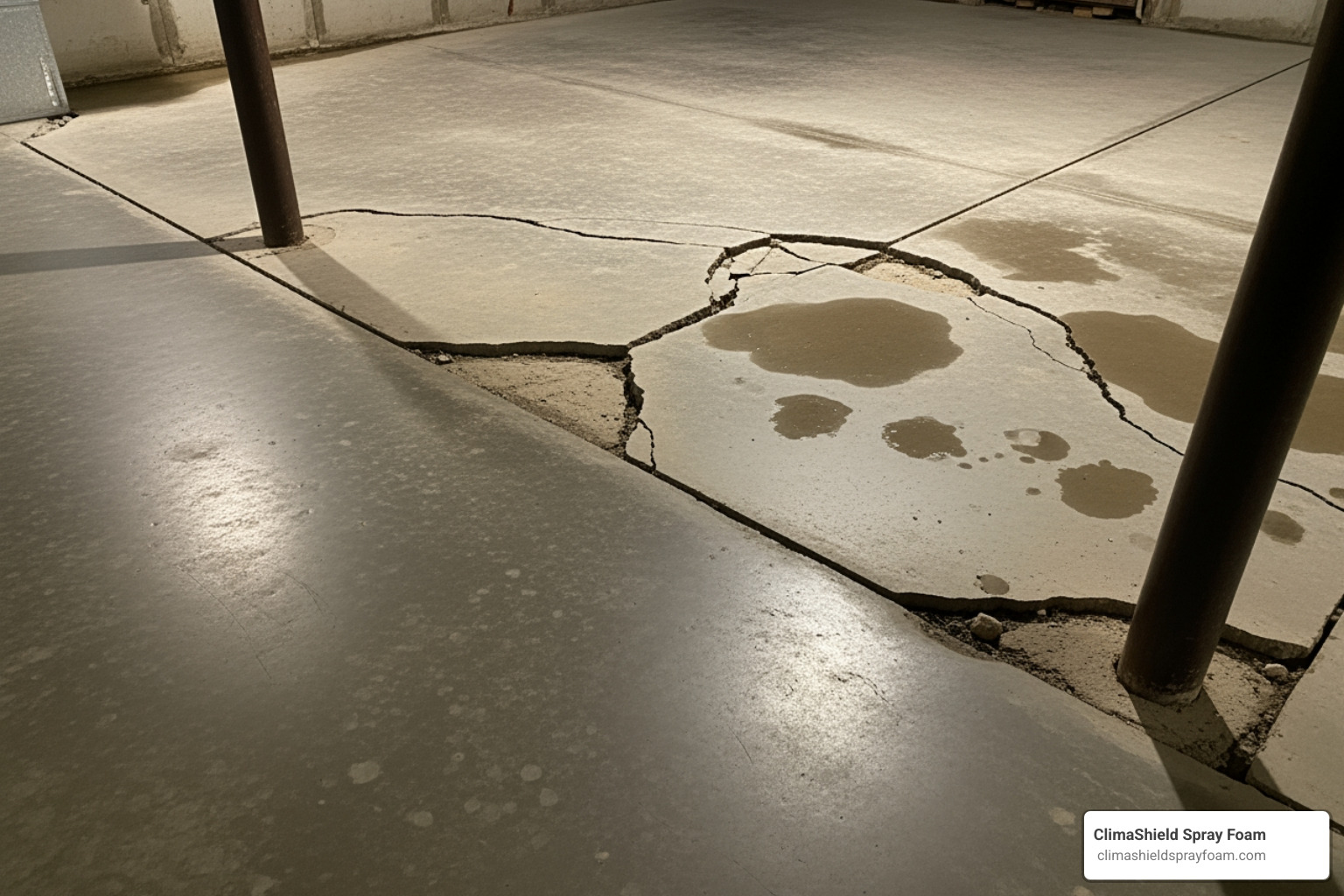 cracked basement slab from soil swelling and moisture pressure