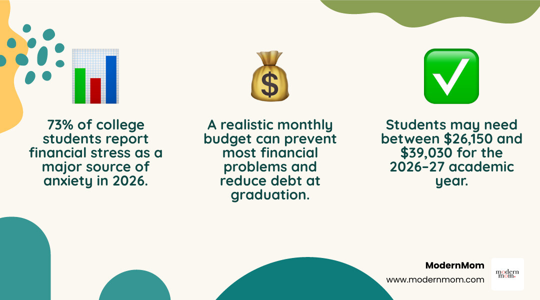 Simple college monthly budget infographic showing income sources and expense categories infographic