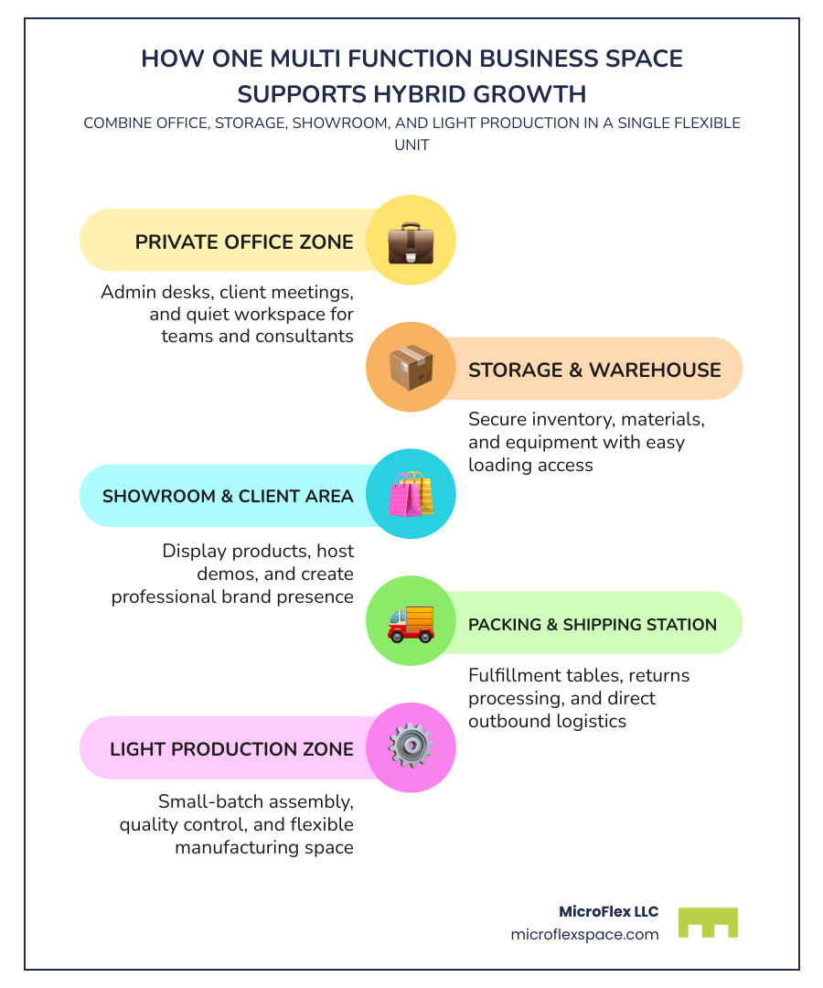 Infographic showing how one multi function business space unit supports office, storage, showroom, and light production Infographic showing how one multi function business space unit supports office, storage, showroom, and light production