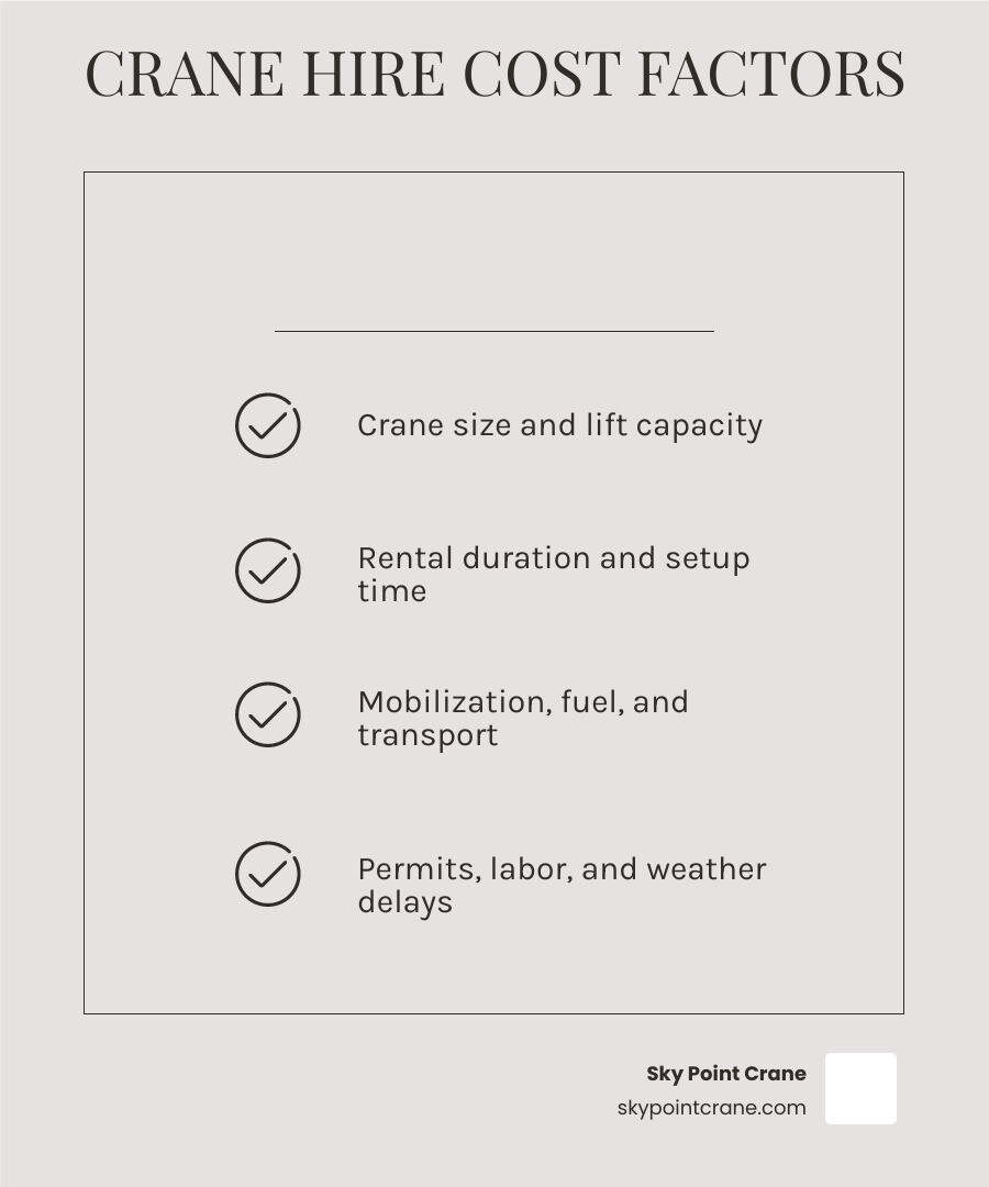 Infographic of crane rental cost factors and sample pricing ranges infographic