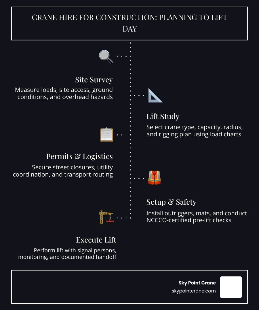 Infographic showing crane hire for construction process from site survey to lift day with key decision points infographic