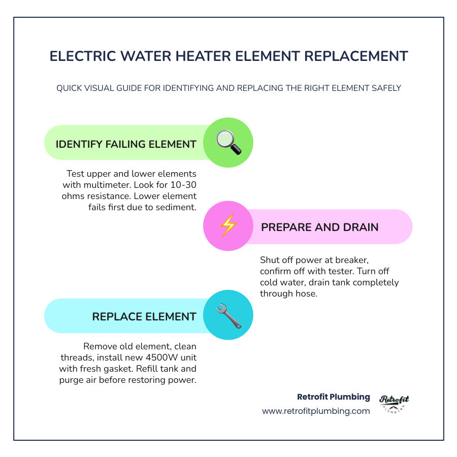 Infographic showing upper vs lower water heater element layout and step-by-step replacement flow infographic Infographic showing upper vs lower water heater element layout and step-by-step replacement flow infographic