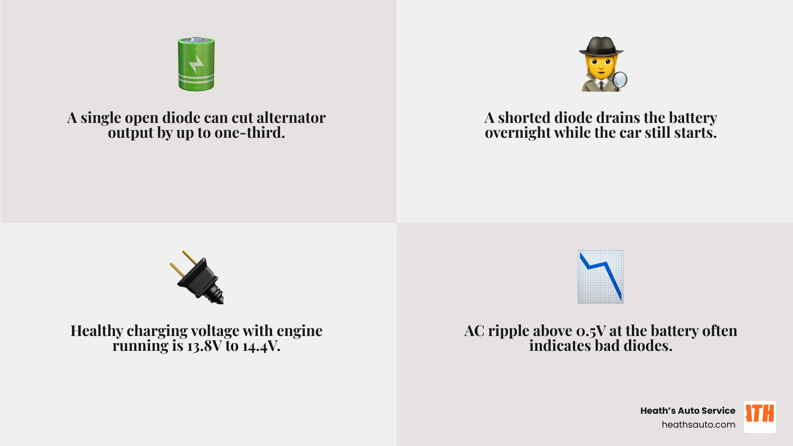 Alternator diode symptoms and basic test thresholds infographic Alternator diode symptoms and basic test thresholds infographic