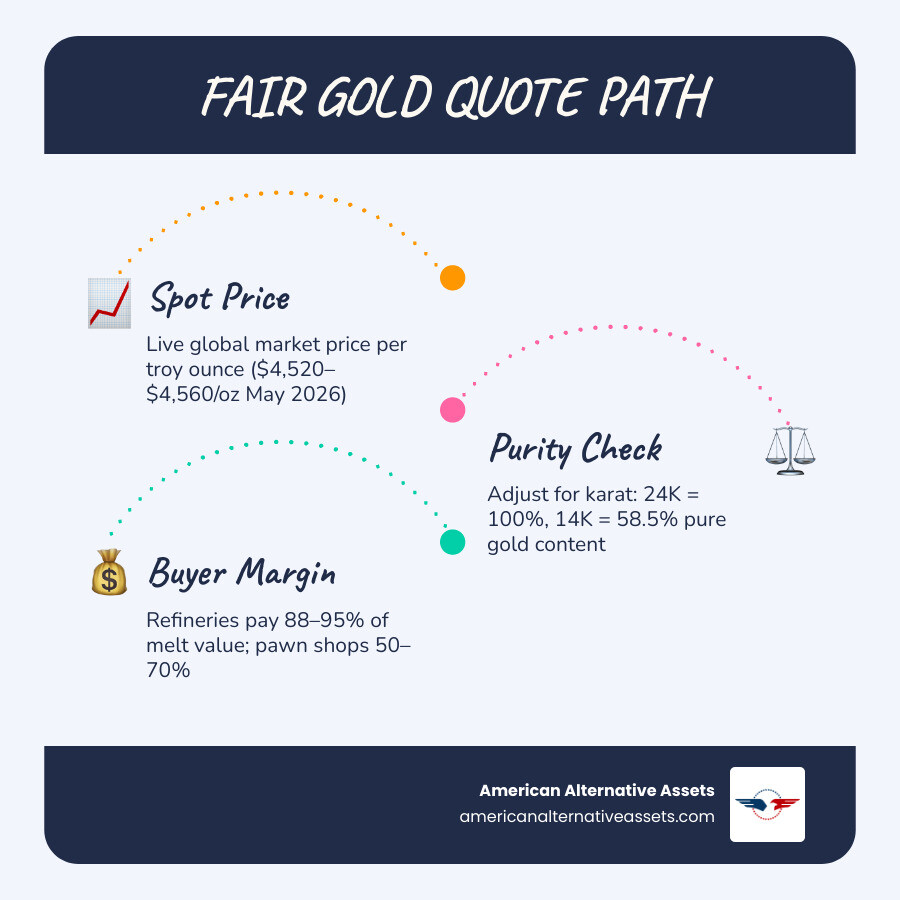 Infographic showing how a fair gold quote is built from spot price through purity adjustment to final payout infographic Infographic showing how a fair gold quote is built from spot price through purity adjustment to final payout infographic