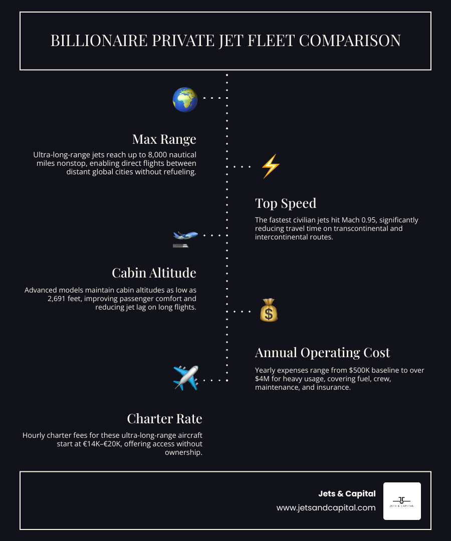 Infographic comparing billionaire private jet fleets by range, cabin size, speed, and mission type infographic Infographic comparing billionaire private jet fleets by range, cabin size, speed, and mission type infographic