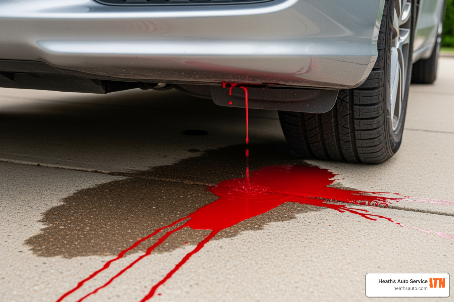 Red power steering fluid leak under the front of a vehicle