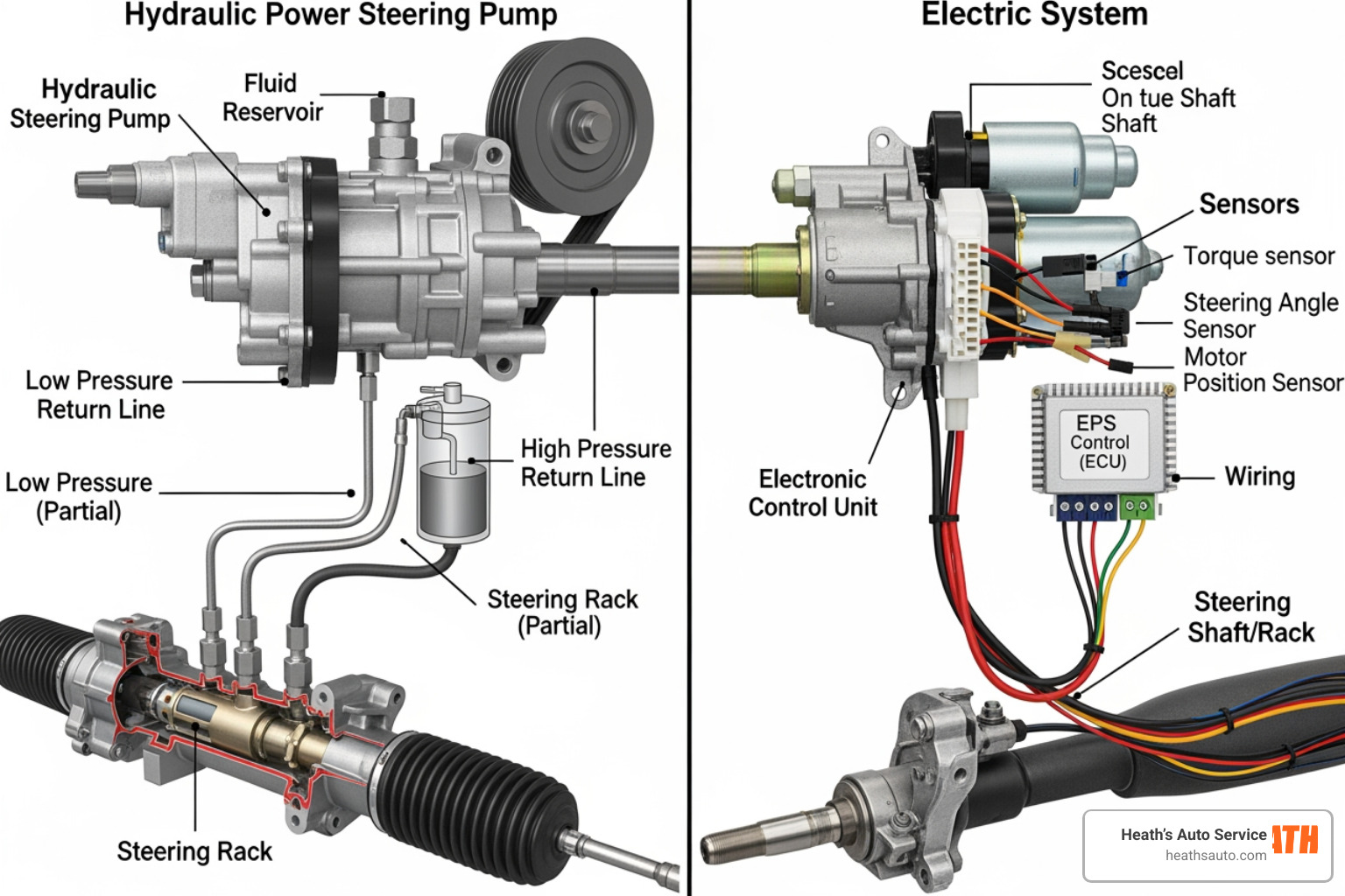 Diagram comparing hydraulic power steering pump and lines vs electric steering motor and sensors