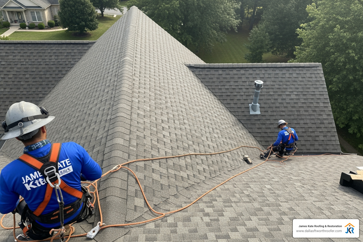 steep roof with safety harness setup for emergency tarping steep roof with safety harness setup for emergency tarping