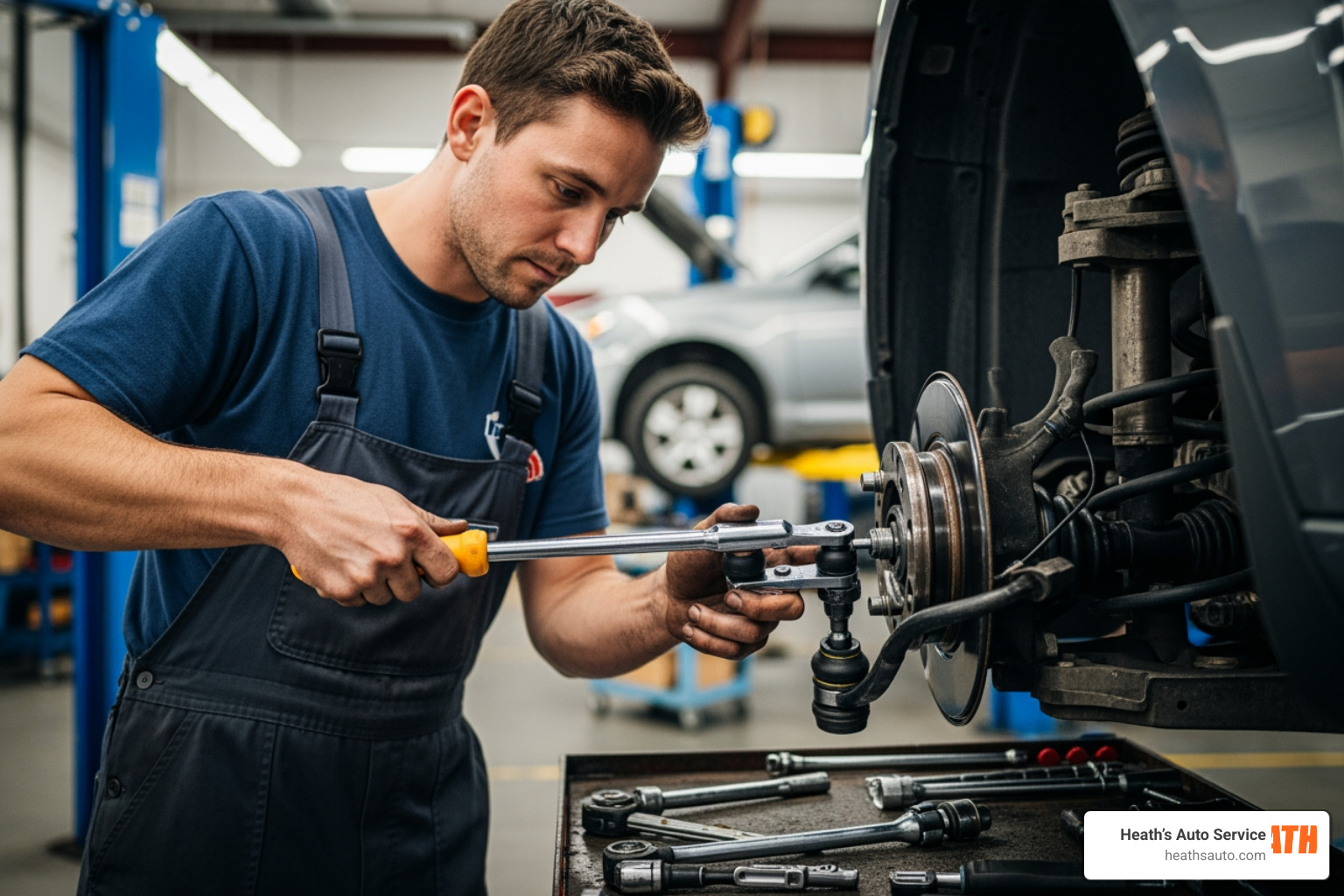 technician using a tool to disconnect tie rod ends from the steering knuckle