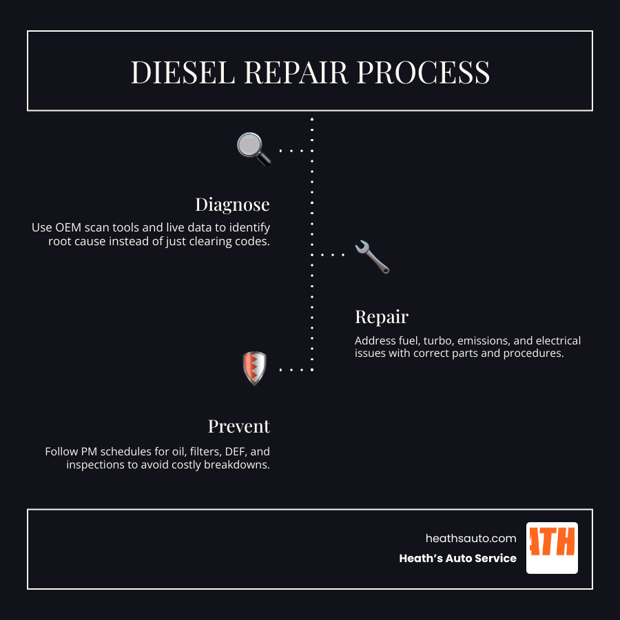 Diesel repair process infographic showing steps from diagnosis to repair to preventative maintenance infographic Diesel repair process infographic showing steps from diagnosis to repair to preventative maintenance infographic