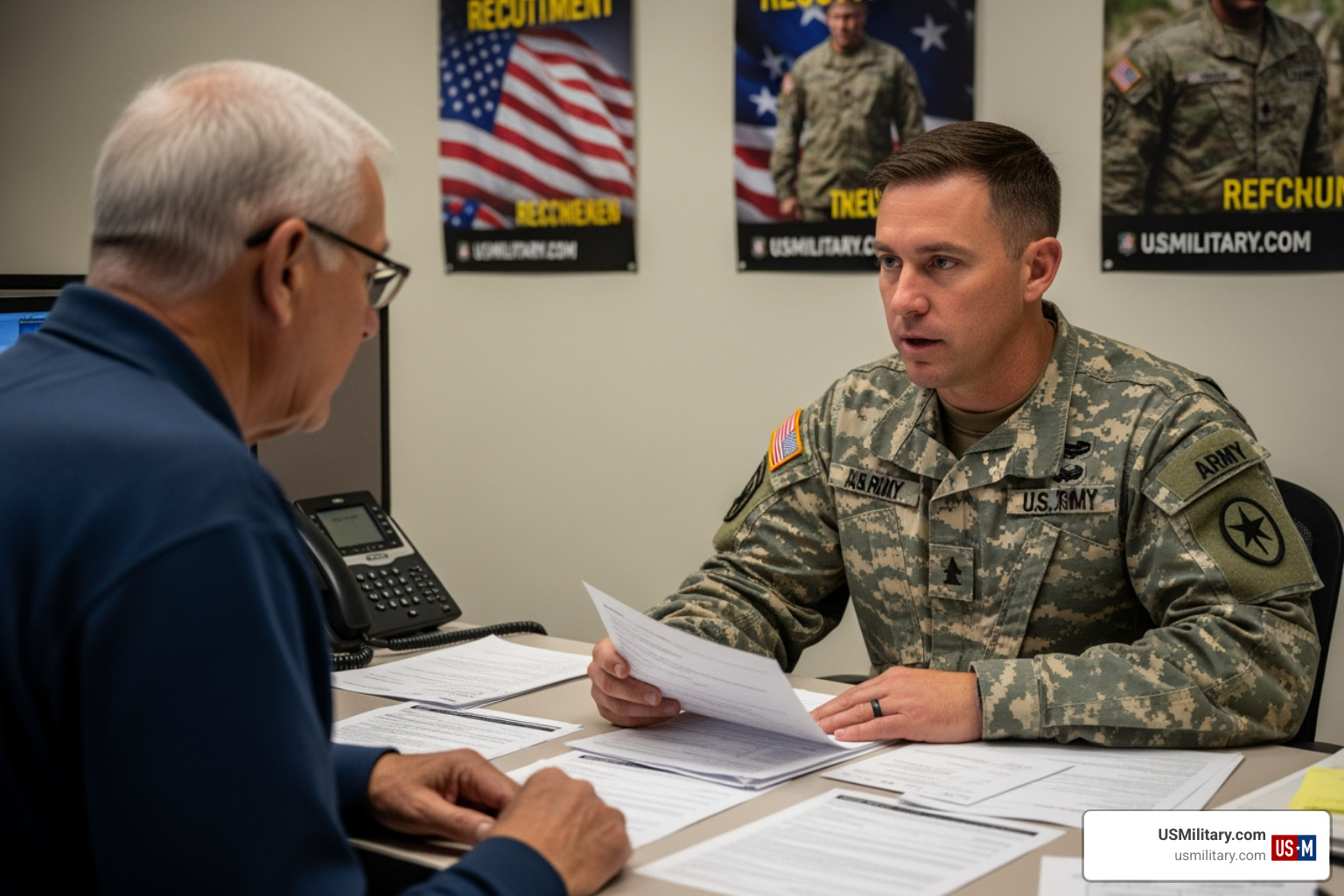 Army recruiter reviewing enlistment paperwork with applicant