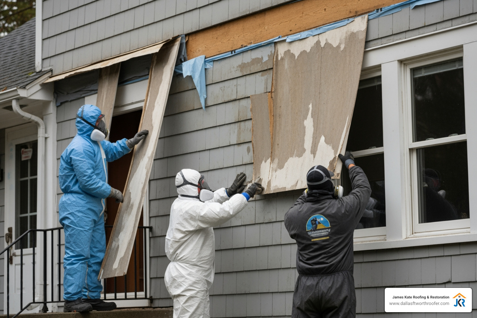 workers in protective gear removing old exterior siding panels workers in protective gear removing old exterior siding panels
