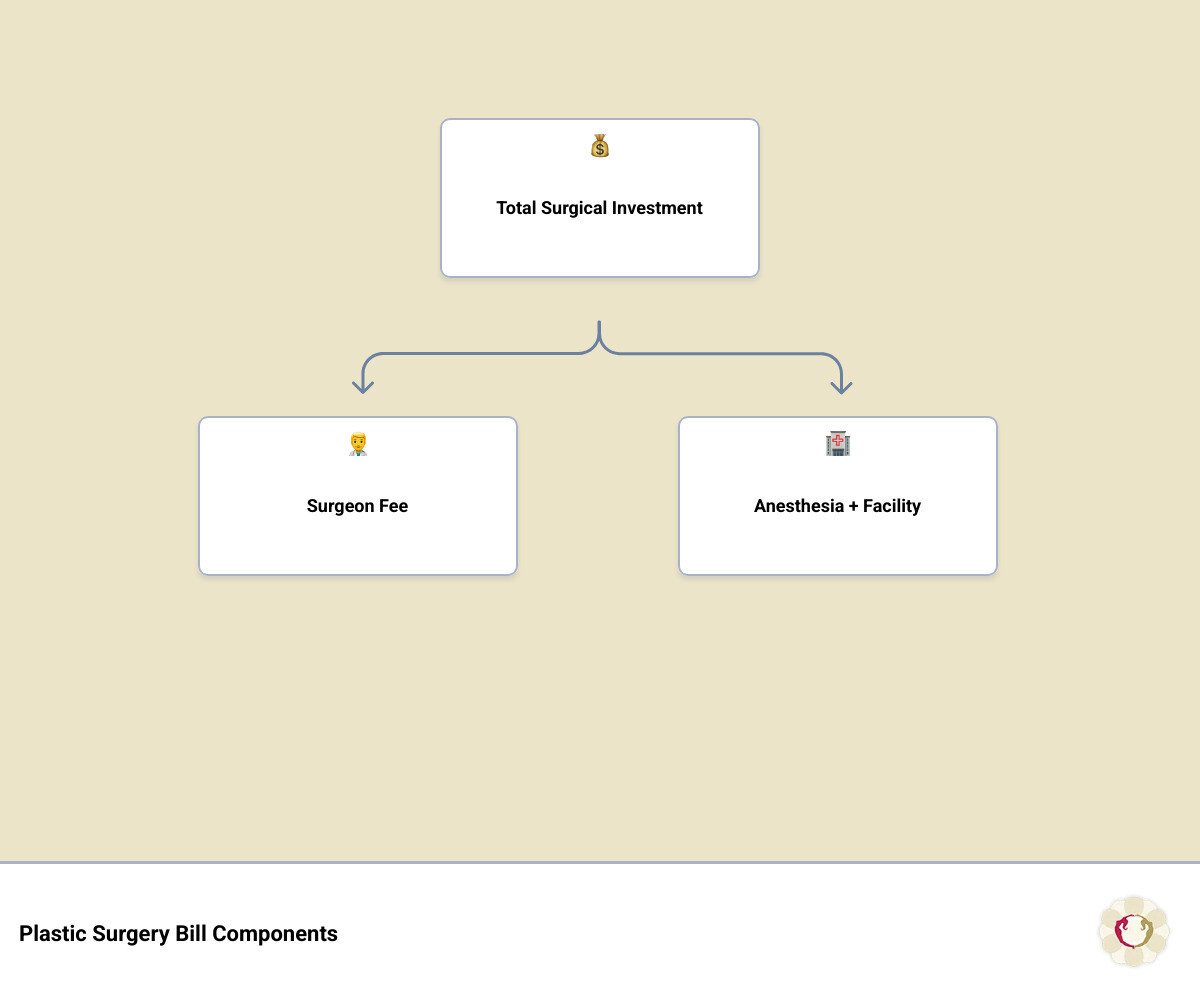 Infographic showing the components of a plastic surgery bill: surgeon fee, anesthesia, facility, implants, garments