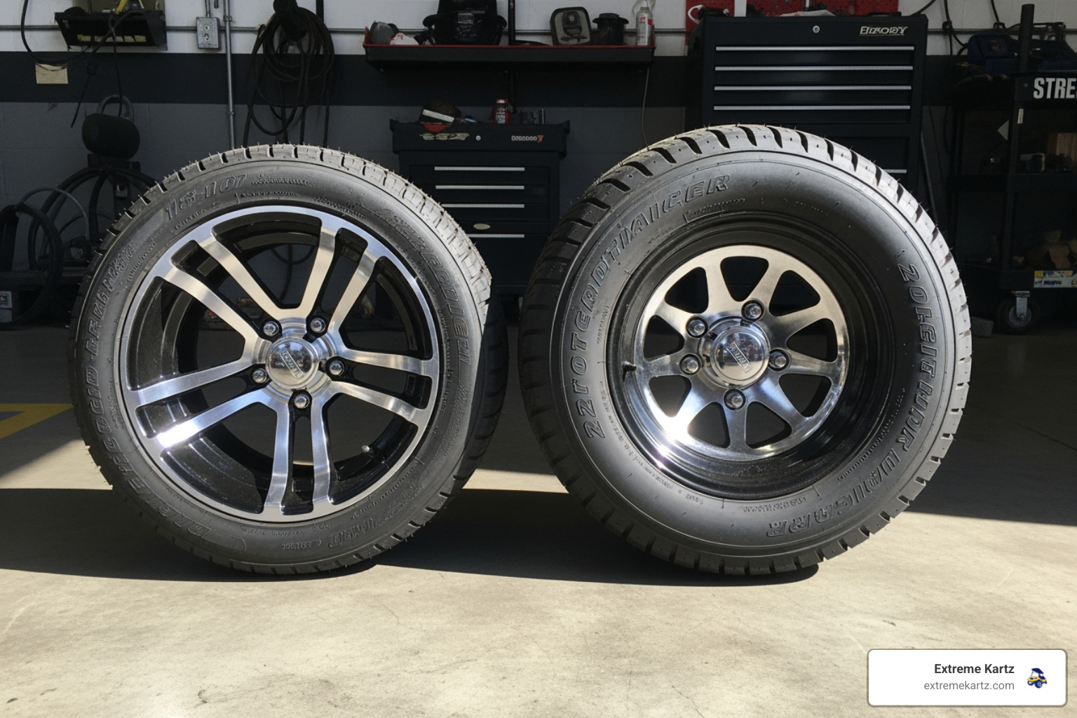 A side-by-side comparison of 18-inch and 20-inch golf cart tires in a shop setting