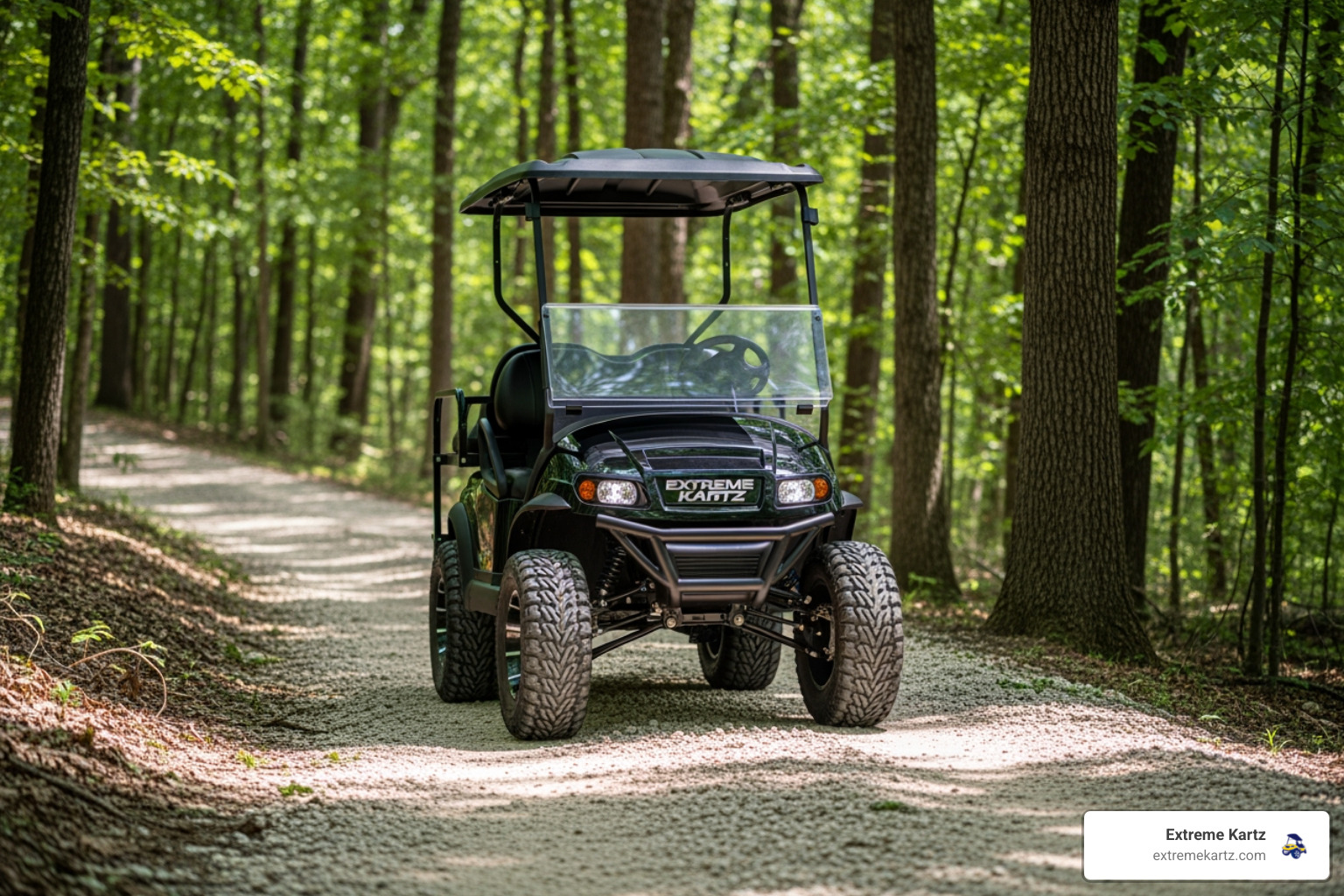 20-inch all-terrain tires navigating a light gravel trail through a wooded area