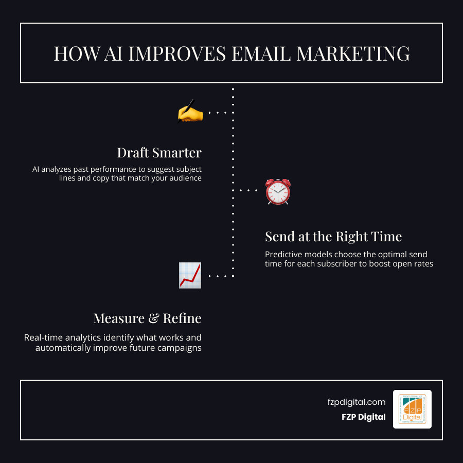 How AI improves email marketing from draft to send, showing subject lines, personalization, send-time optimization, and How AI improves email marketing from draft to send, showing subject lines, personalization, send-time optimization, and