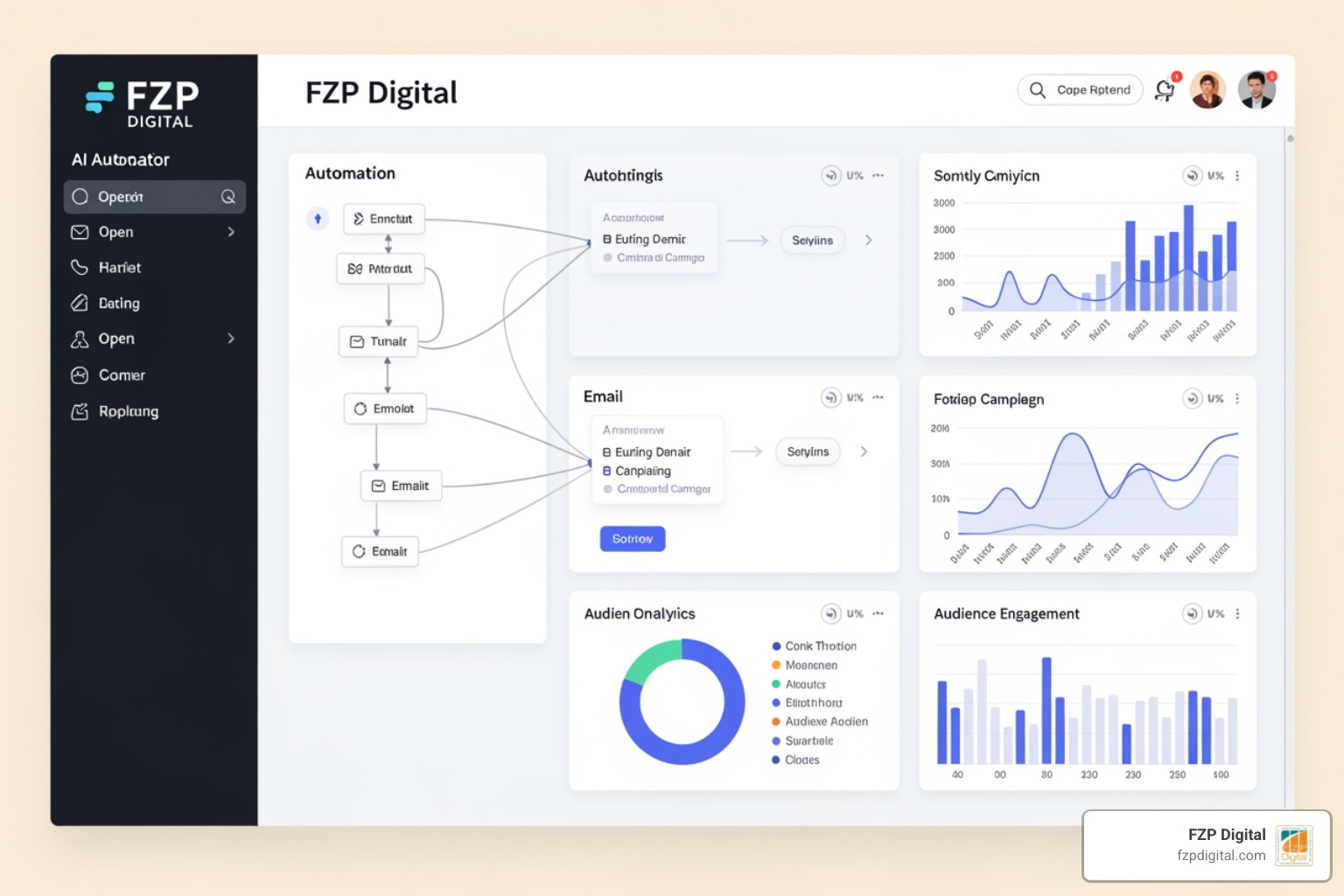 AI email marketing tools dashboard with automation workflows, analytics, and FZP Digital logo AI email marketing tools dashboard with automation workflows, analytics, and FZP Digital logo