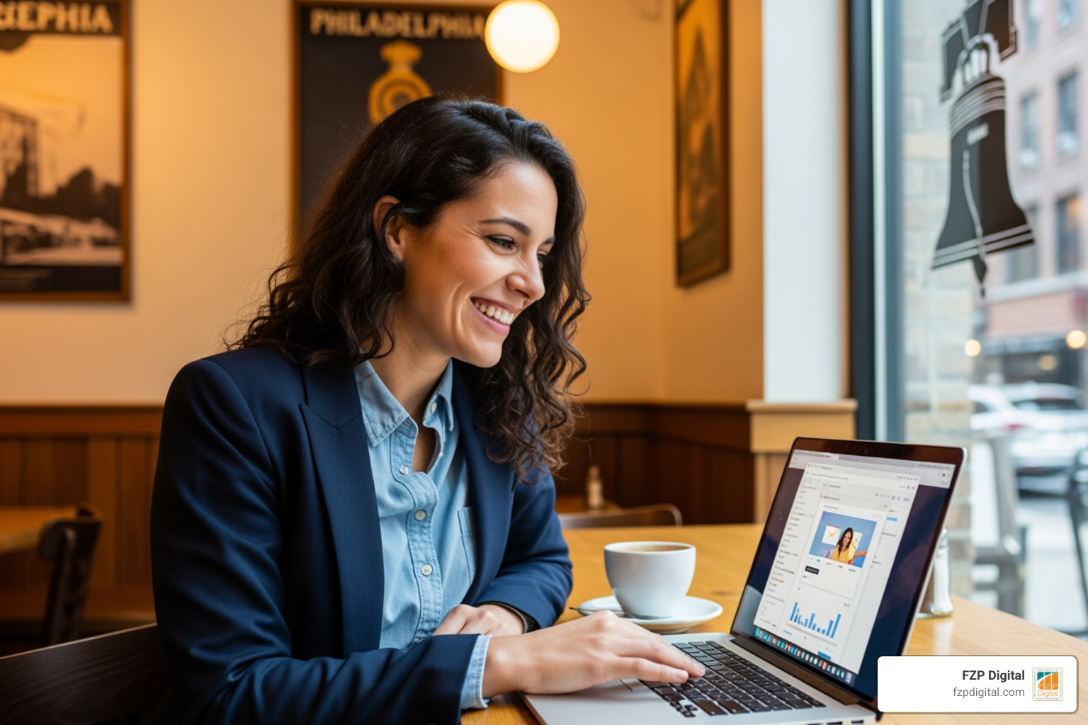 A happy small business owner in a Philadelphia cafe using AI to build a beautiful email campaign on her laptop A happy small business owner in a Philadelphia cafe using AI to build a beautiful email campaign on her laptop