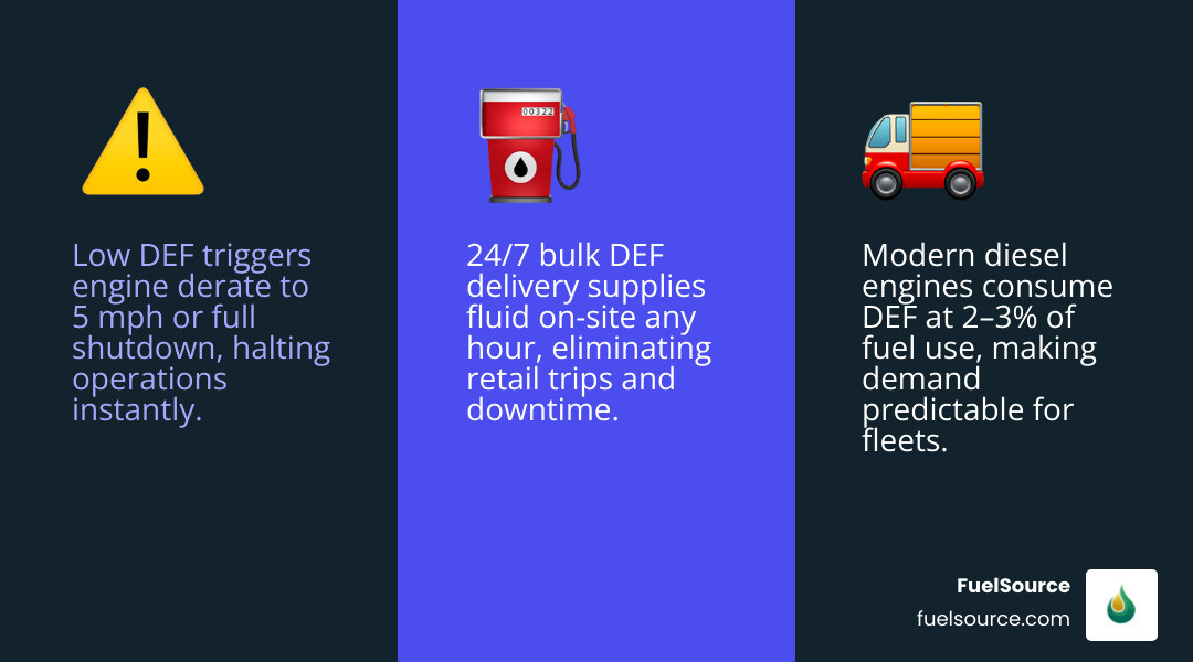 Infographic showing DEF consumption rate, engine derate thresholds, and 24/7 bulk delivery options infographic