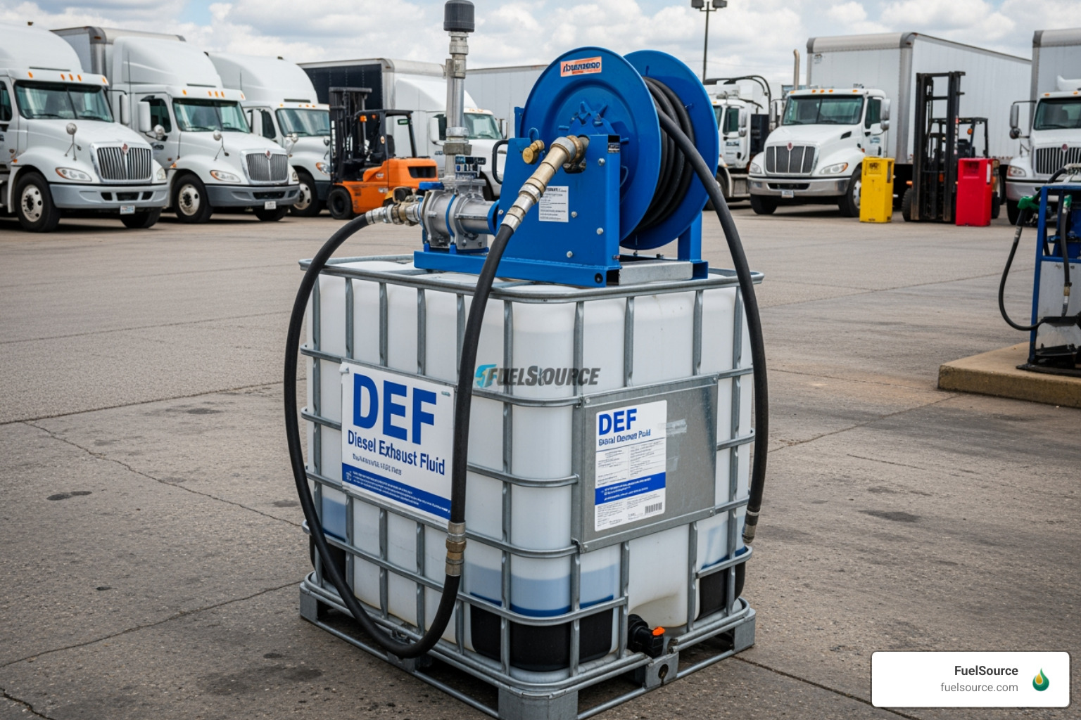 330-gallon DEF tote with pump and hose at a fleet yard
