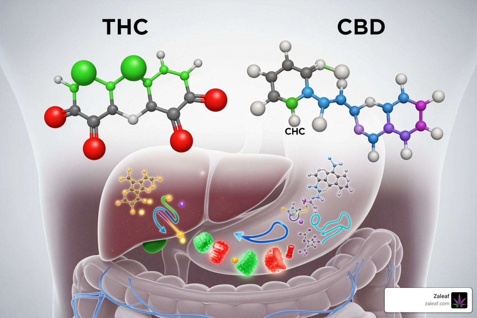 THC and CBD molecule comparison with edible metabolism concept