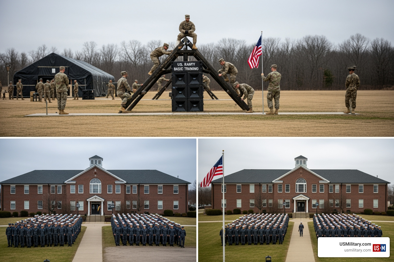 Army training post and Navy Great Lakes recruit campus