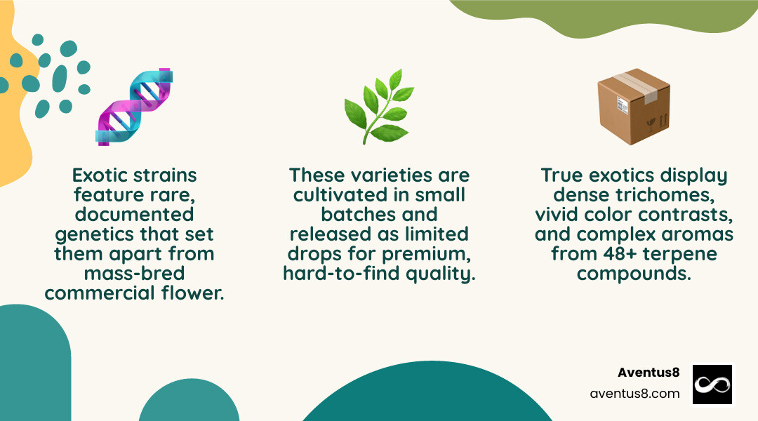 Infographic showing 5 key markers of exotic THC strains: rare genetics, trichome density, complex terpenes, small-batch Infographic showing 5 key markers of exotic THC strains: rare genetics, trichome density, complex terpenes, small-batch