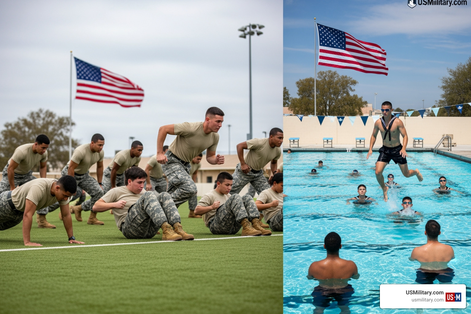 U.S. military recruits doing PT and Navy swim qualification